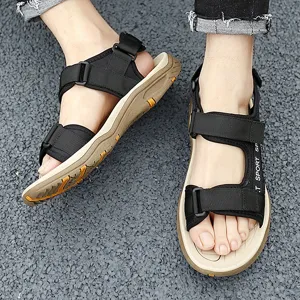 Close-up detail of men's outdoor casual sandals, showing durable straps, comfortable sole and grip.