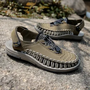 Men's outdoor casual woven sandals, breathable summer beach shoes with elastic cord.