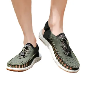 Men's outdoor woven sandals summer casual beach breathable shoes with bungee lace adjustment.