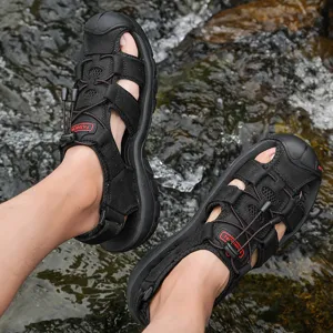 Men summer outdoor casual sandals, breathable beach water shoes with secure fit and toe protection.
