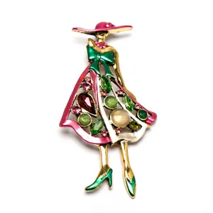 Elegant lady shape brooch with colorful rhinestones and enamel, fashion women accessories.