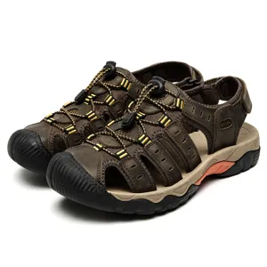 Sandalias de senderismo marrones para hombre de cuero con puntera protectora y cordones