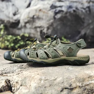 Men's Outdoor Closed Toe Sandals Waterproof Hiking Water Shoes Retro Genuine Leather Anti-Slip Trekking Beach Sandals