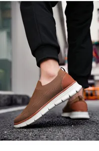 Detail shot of men breathable knit slip on casual sneakers in brown with flexible white sole.