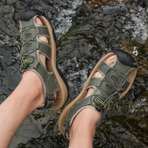 Close-up of men's outdoor sport sandals featuring toe protection and quick-adjust web straps.