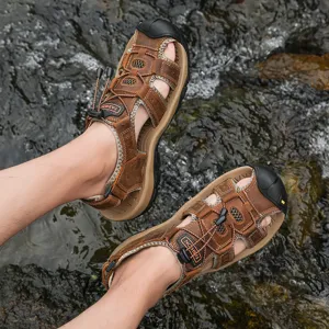 Detail shot of men outdoor leather sandals, water resistant hiking beach footwear close up