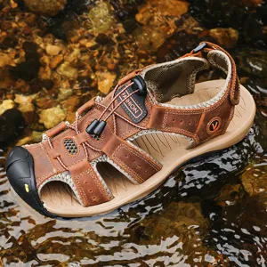 Men's Outdoor Leather Sandals Closed Toe Hiking Water Shoes Summer Beach Footwear