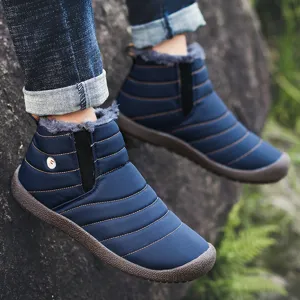 Outdoor couple winter snow boots with fleece lining, waterproof blue design and warm anti-slip sole.