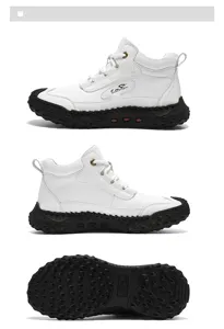 Detailansicht der weißen Herren-Freizeitschuhe mit Textur, Markenlogo und schwarzer Sohle.