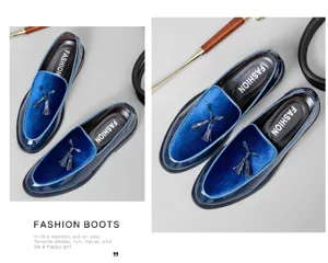 Zapatos de vestir puntiagudos con borlas de terciopelo azul para hombre, cuero.