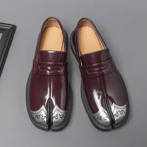Hombres mocasines charol puntera dividida burdeos vintage plataforma gruesa zapatos