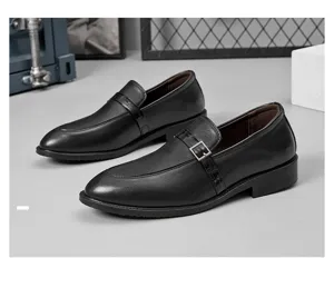 Chaussures habillées noires pour hommes, chaussures de ville en cuir avec boucle pour bureau.