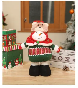 Christmas snowman doll detail, plush holiday desktop decoration ornament with cute bear hat.
