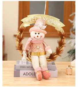Christmas decoration wreath with pink snowman doll, ideal for holiday home and wall hanging decor.