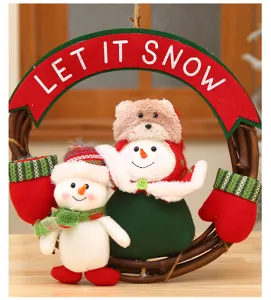 Christmas wreath detail view showcasing cute plush snowmen and a festive red banner sign.