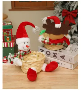 Christmas snowman reindeer bamboo woven basket storage organizer holiday desktop decoration detail