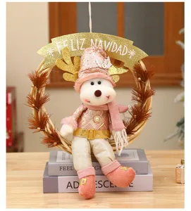 Christmas rattan wreath hanging ornament with cute plush deer doll holiday decor for home door