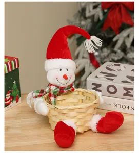 Christmas snowman plush doll with bamboo woven basket desktop ornament for holiday decoration.