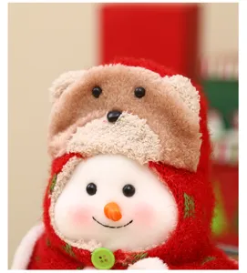 Christmas snowman doll detail shot, cute bear ear hat and red knitted cape ornament.