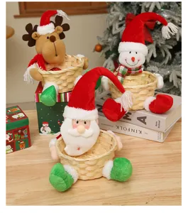 Christmas plush doll bamboo woven basket desktop decoration, cute Santa reindeer snowman.