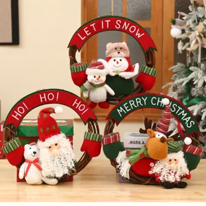 Christmas Wreath Wall Hanging Plush Santa Snowman Reindeer Rattan Vine Ring Festival Home Decor Hanging Ornament