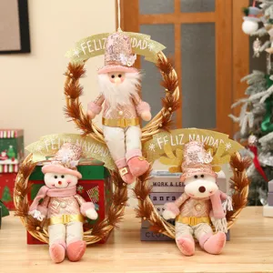 Pink Christmas Wreath Hanging Ornament With Sequin Plush Santa Claus Snowman Reindeer Doll Rattan Ring For Home Window Door Decoration