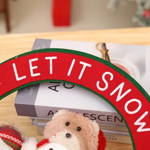 Christmas wreath wooden hanging sign with cute plush doll holiday wall decoration