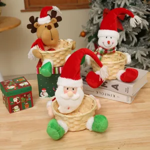 Christmas Home Decoration Santa Claus Snowman Reindeer Fruit Basket Bamboo Woven Desktop Ornament Holiday Storage Basket