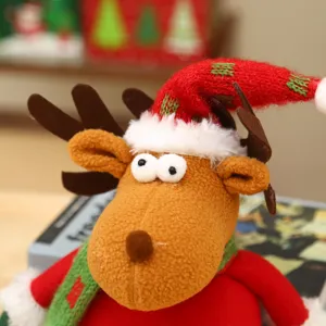 Christmas plush reindeer doll with Santa hat and knitted scarf, cute desktop holiday decor.