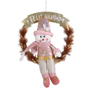 Christmas decorative wreath hanging ornament featuring a cute pink snowman doll for holiday party.