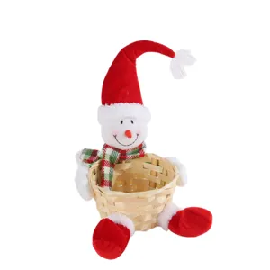 Christmas snowman plush bamboo basket desktop storage ornament holiday festive home decoration.
