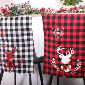 Fundas Navideñas para Silla Cuadros Tela No Tejida Con Cabeza de Ciervo Copo de Nieve Lazo Cascabel para Decoración Fiesta Hogar