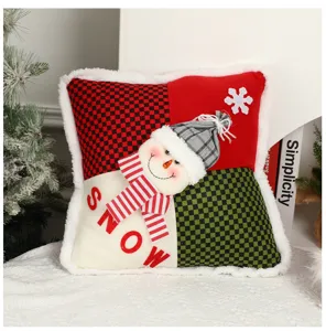 Christmas patchwork throw pillow with cute snowman design, festive decorative square cushion cover.