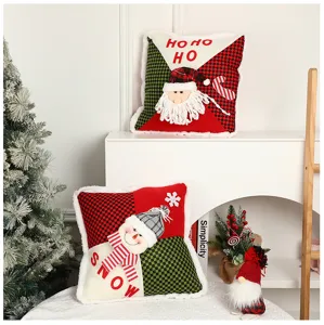 Christmas 3D patchwork throw pillow cover with cute Santa and snowman design, festive home decor.