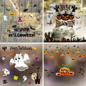 Halloween Statische Fensteraufkleber PVC Dekorbögen Kürbis Geist Schloss Fledermaus Skelett Für Heim Mall Hotel Schaufenster Party Deko