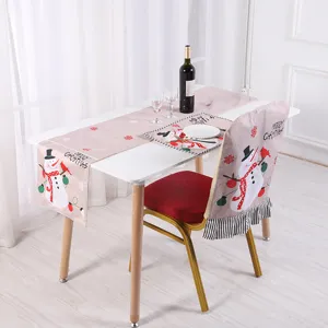 Christmas table runner placemat and chair cover set with cute snowman print holiday decor.