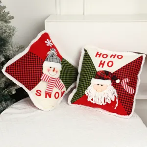 Christmas Cushion Cover Fabric 3D Patchwork Cartoon Santa Claus Snowman Throw Pillow Case Plaid Decorative Pillowcase