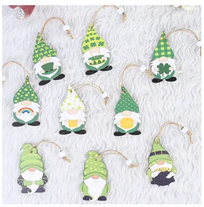 St. Patrick's Day wooden gnome hanging ornaments set, green shamrock holiday decor crafts.