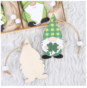 St. Patrick's Day wooden gnome ornaments with clover and green plaid hat, holiday decor.