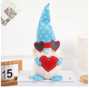 Valentine day heart glasses gnome doll detail, cute plush toy for home decor display.