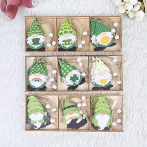St. Patrick's Day wooden gnome hanging ornaments set, green Irish festival party decoration props.