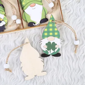 St. Patrick's Day wooden gnome hanging ornaments set with green plaid hats and shamrock decor.