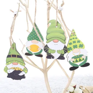 St. Patrick's Day wooden gnome hanging ornaments, green festive holiday decor tree pendant.