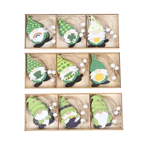 St. Patrick's Day wooden gnome hanging ornaments set, green gnomes with jute rope and beads in box.