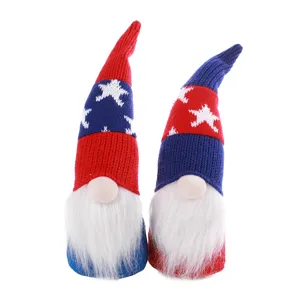 Patriotic Independence Day Gnome plush toy set, red white and blue star knit faceless doll decor.