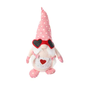 Cute Valentine's Day gnome plush doll featuring heart sunglasses and pink patterned hat.