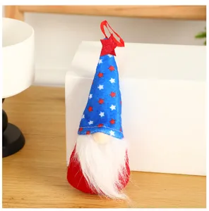 Detail view of Independence Day gnome plush hanging doll with star hat and white beard decor.