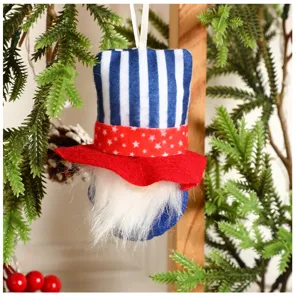 Patriotic gnome hanging ornament with striped hat and white beard for Independence Day decor.