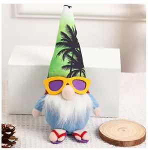 Summer Hawaiian faceless gnome doll detail view, cute plush toy ornament with sunglasses.