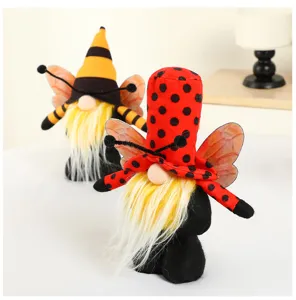 Detailed shot of cute bee and ladybug faceless gnomes plush festival holiday decor ornament.